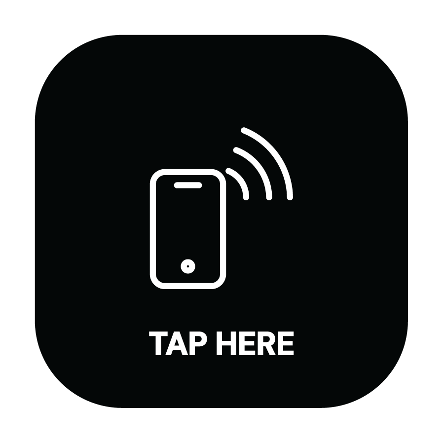 Black back with white phone symbol and bold TAP HERE